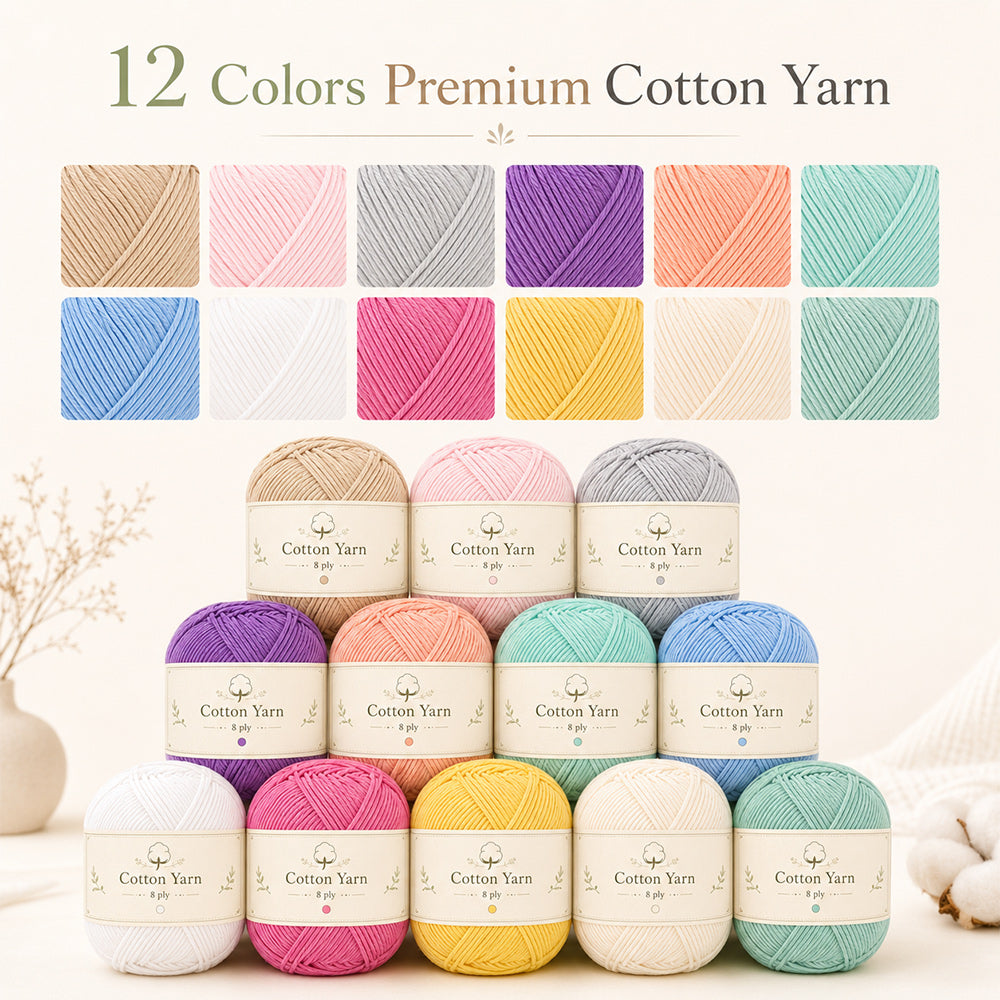 Color chart showing 12 shades of 8 ply cotton yarn
