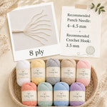 8 ply cotton yarn guide with recommended punch needle and crochet hook sizes
