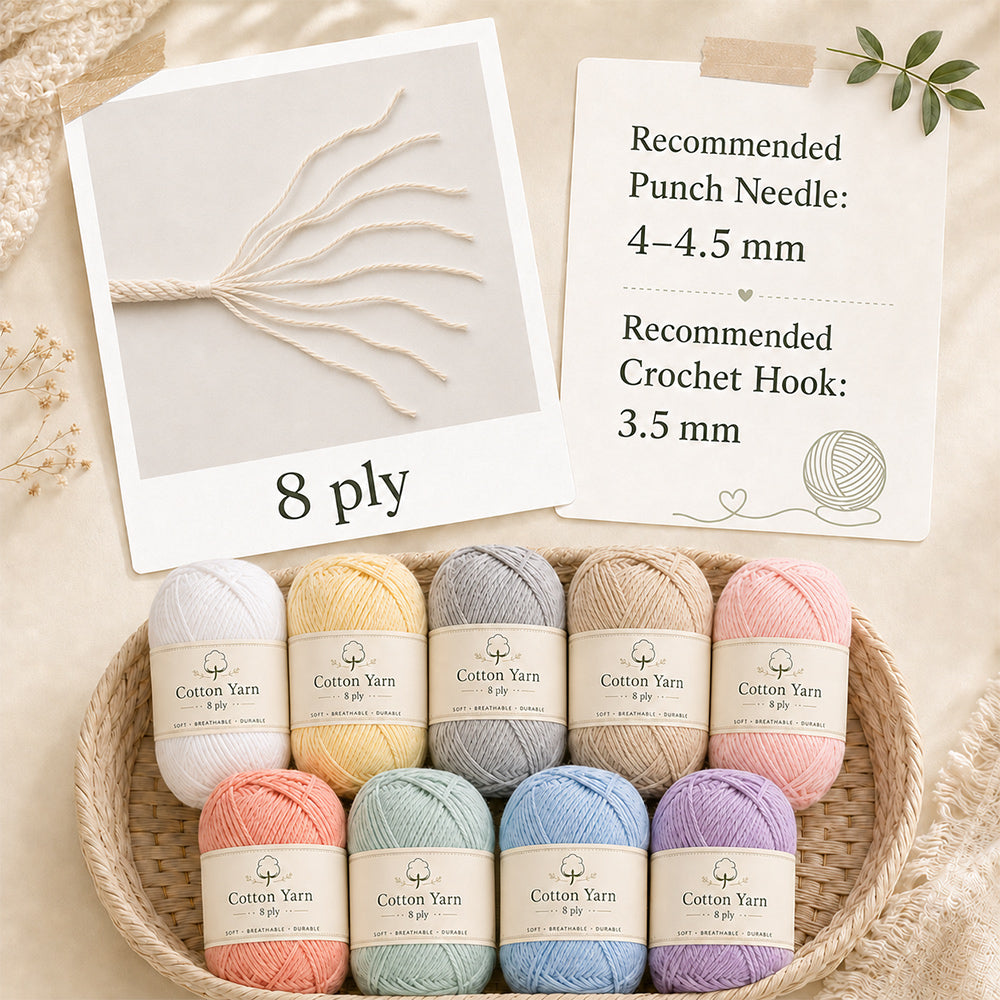 8 ply cotton yarn guide with recommended punch needle and crochet hook sizes