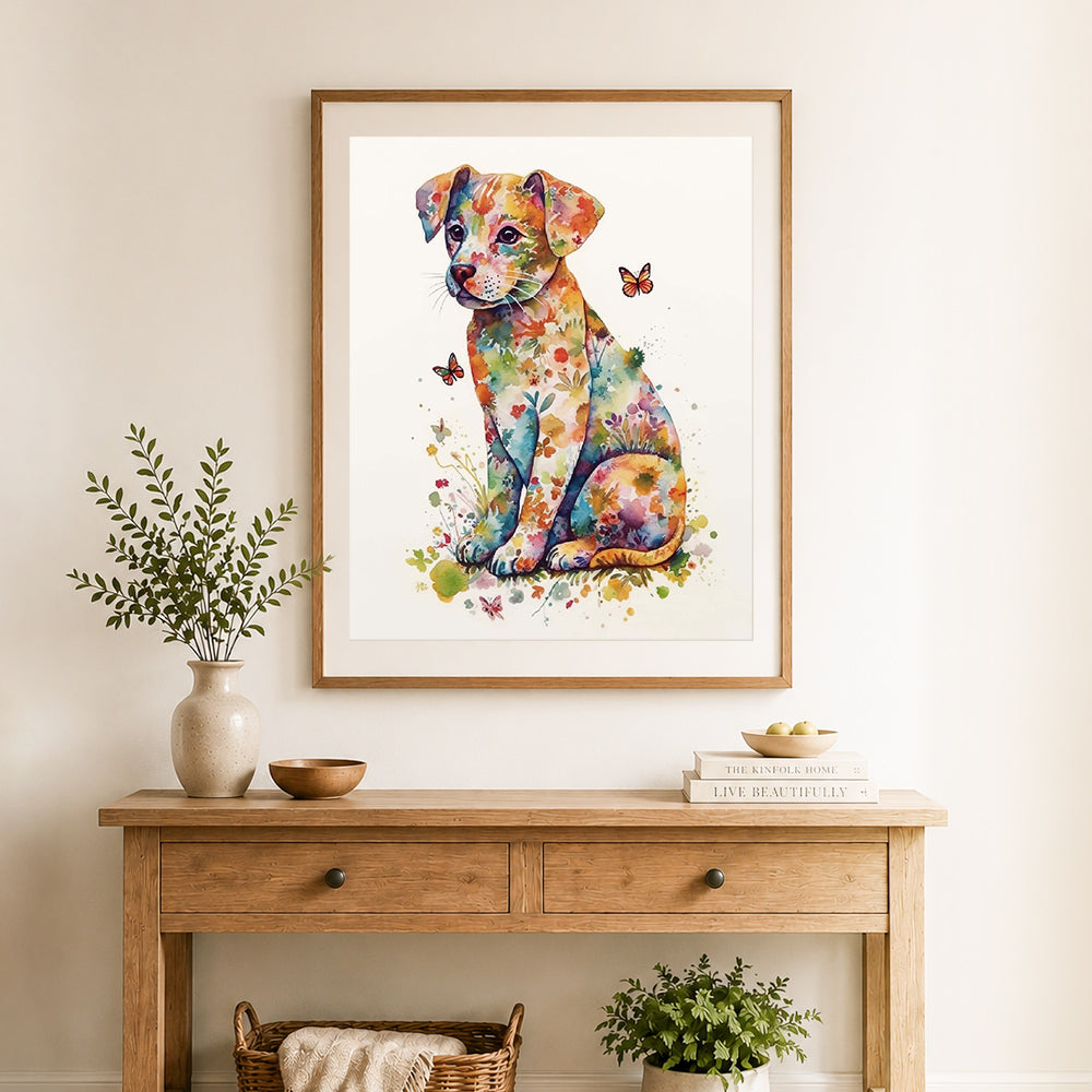 Finished Floral splash dog art cross stitch artwork displayed as home decor
