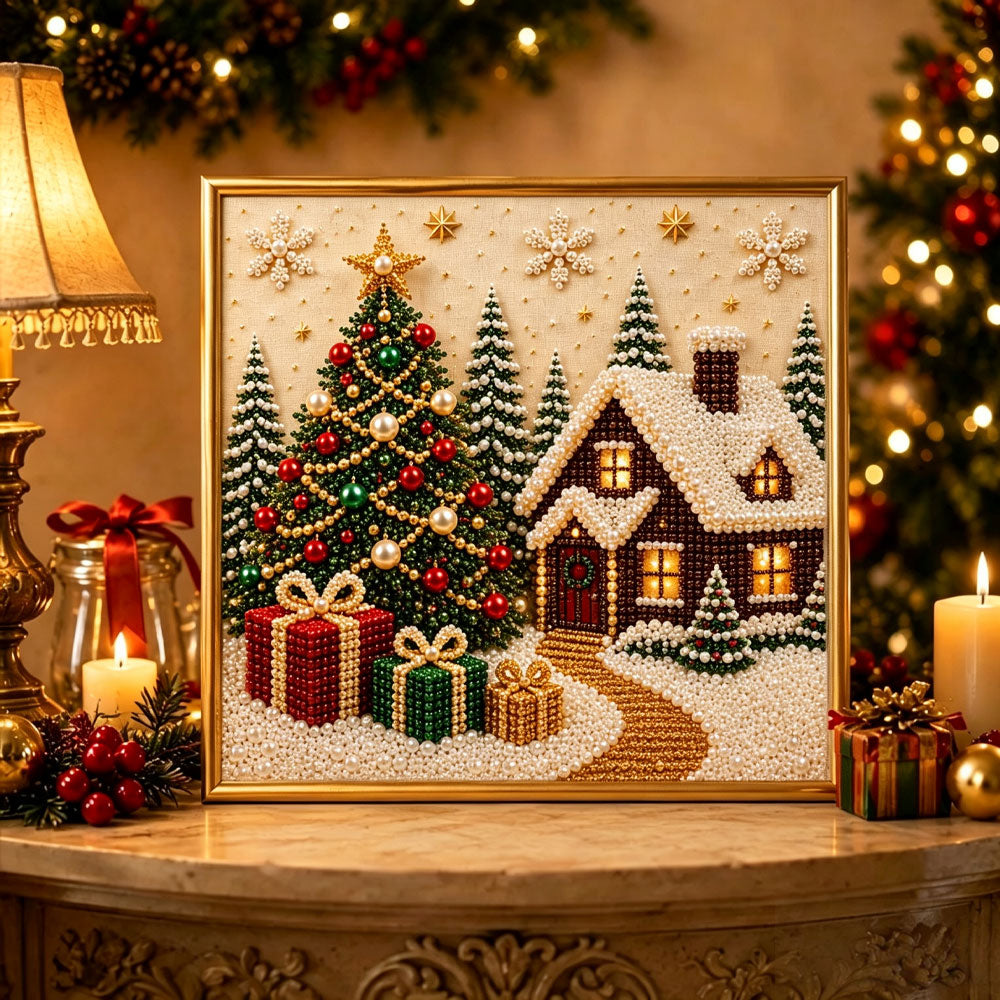 Finished snowy winter village pearl diamond painting artwork displayed as holiday home decor