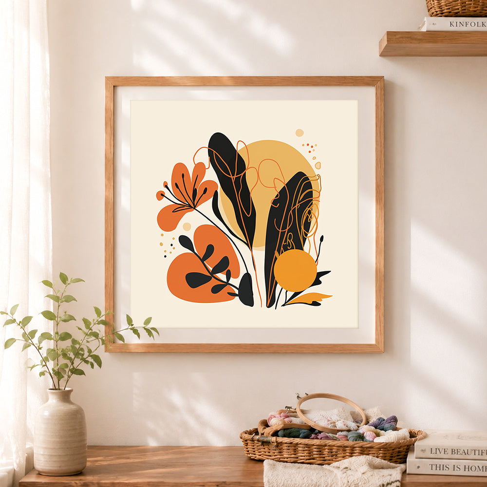 Finished abstract boho floral composition cross stitch artwork displayed as home decor