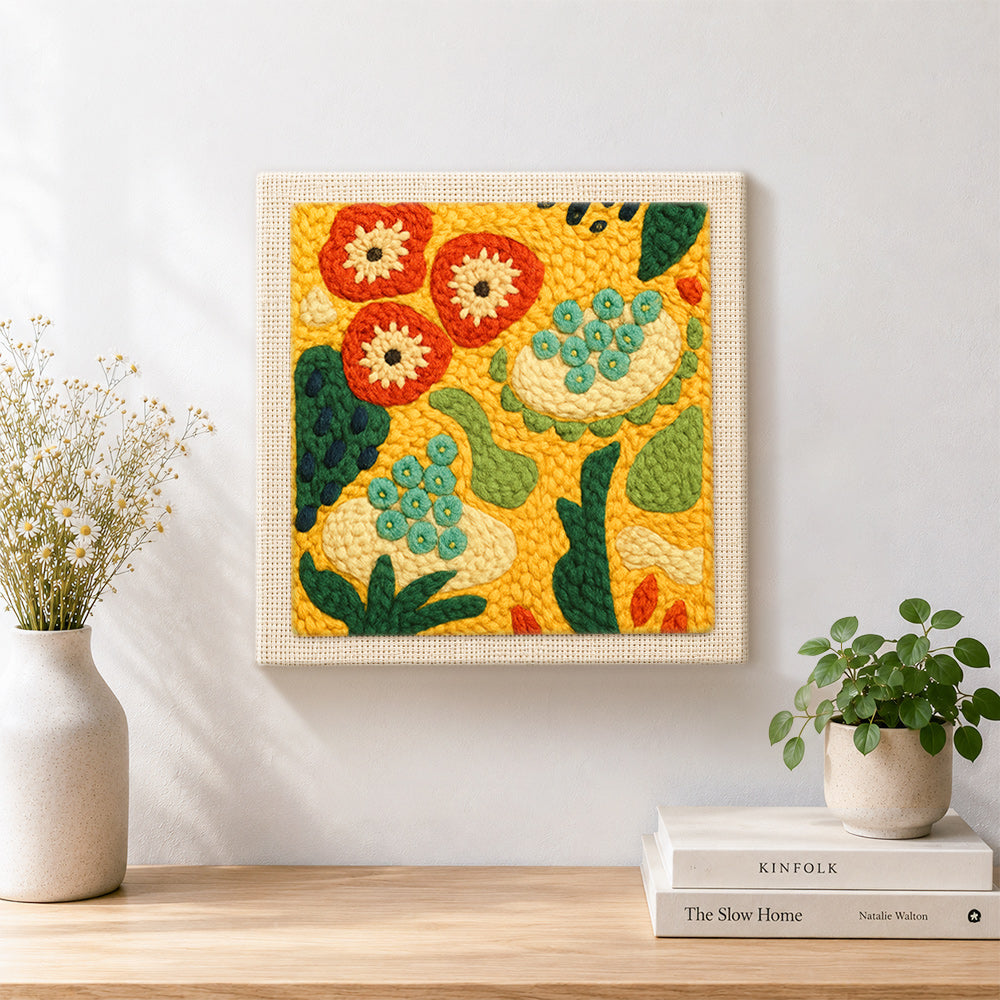 Finished abstract botanical pattern artwork displayed on a wall
