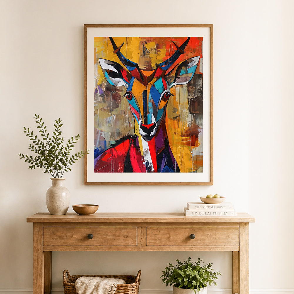 Finished abstract colorful deer cross stitch artwork displayed as home decor