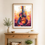 Finished abstract geometric acoustic guitar cross stitch artwork displayed as home decor
