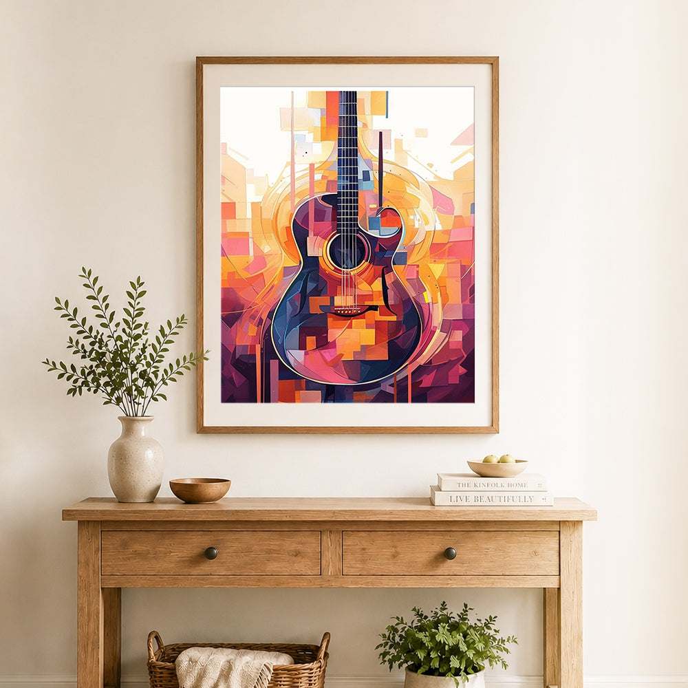 Finished abstract geometric acoustic guitar cross stitch artwork displayed as home decor