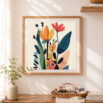 Finished abstract geometric botanical shapes cross stitch artwork displayed as home decor
