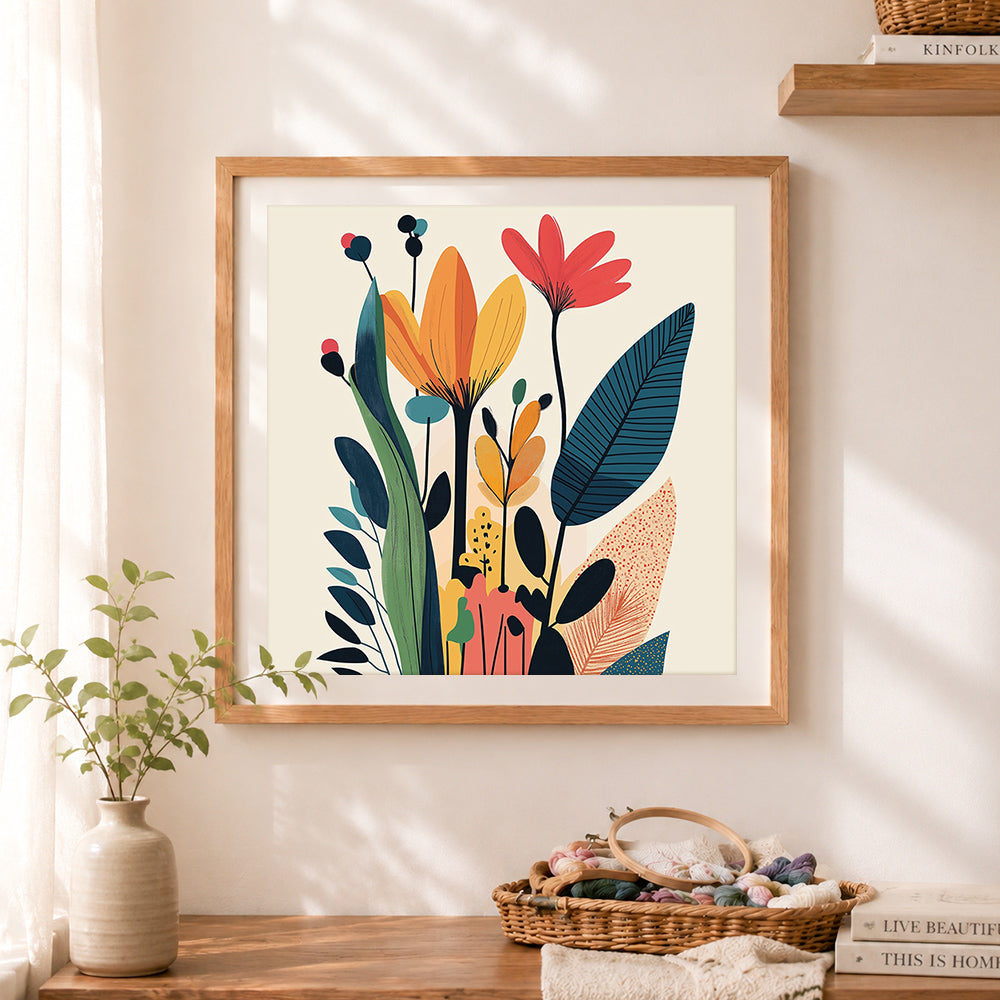Finished abstract geometric botanical shapes cross stitch artwork displayed as home decor