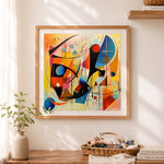 Finished abstract geometric line and circle art cross stitch artwork displayed as home decor
