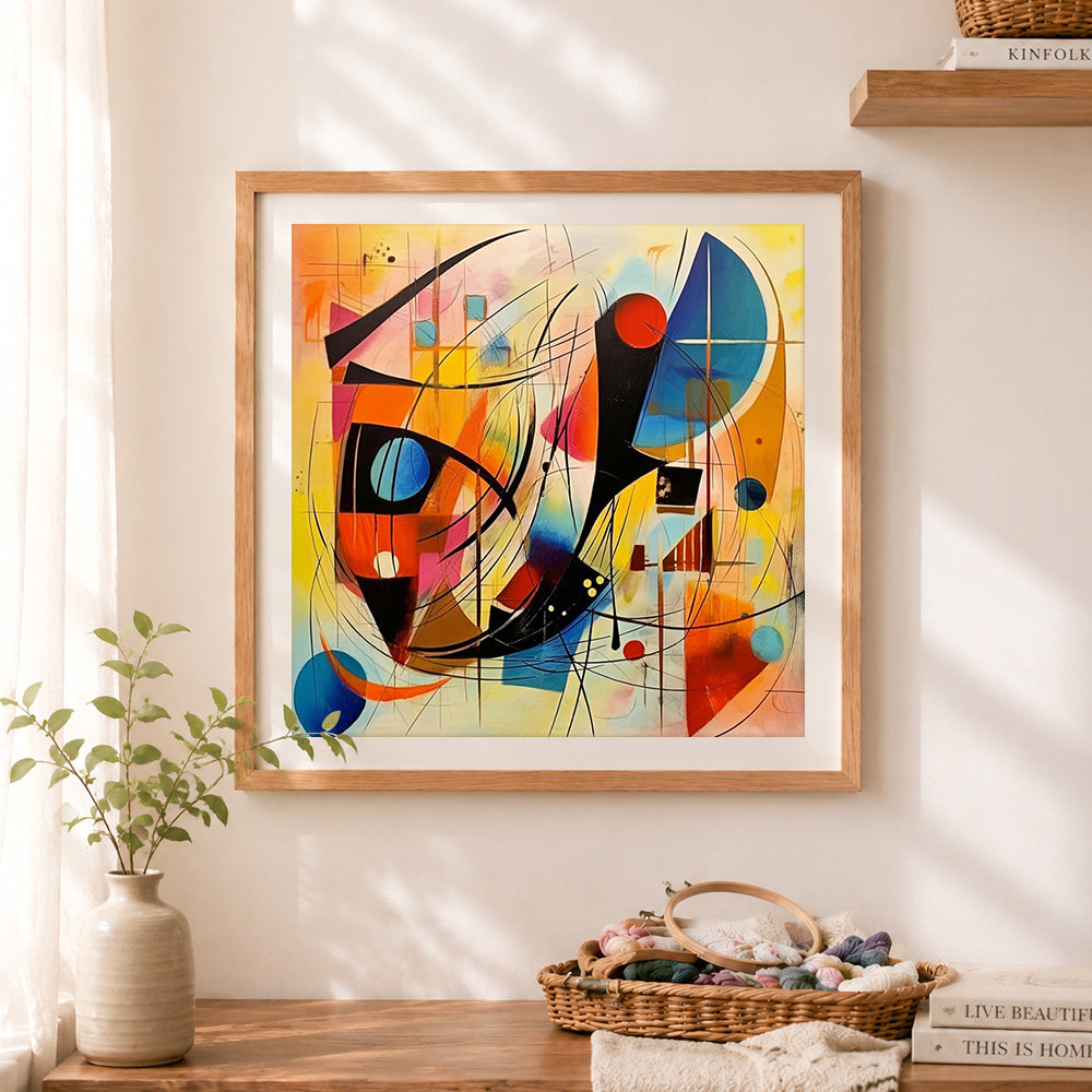 Finished abstract geometric line and circle art cross stitch artwork displayed as home decor