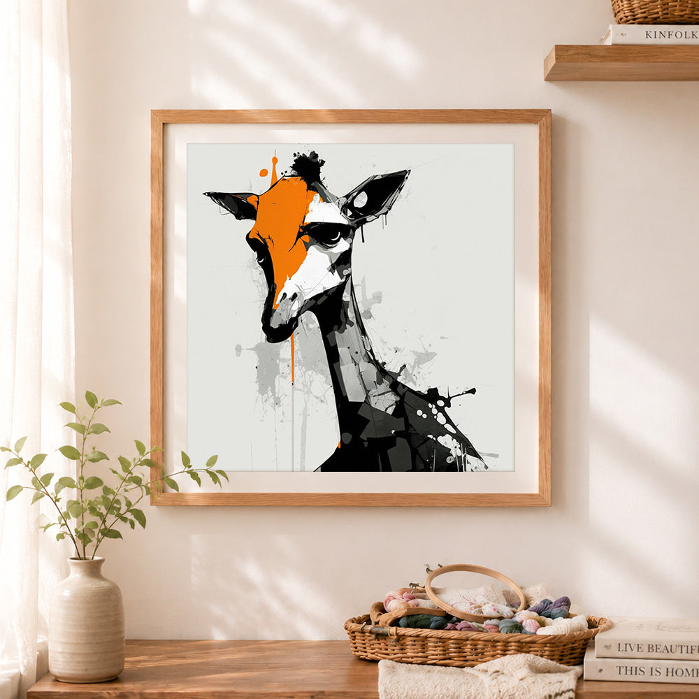 Finished abstract giraffe cross stitch artwork displayed as home decor