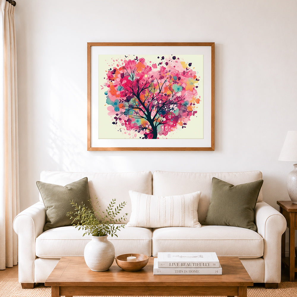Finished abstract heart-shaped tree cross stitch artwork displayed as home decor