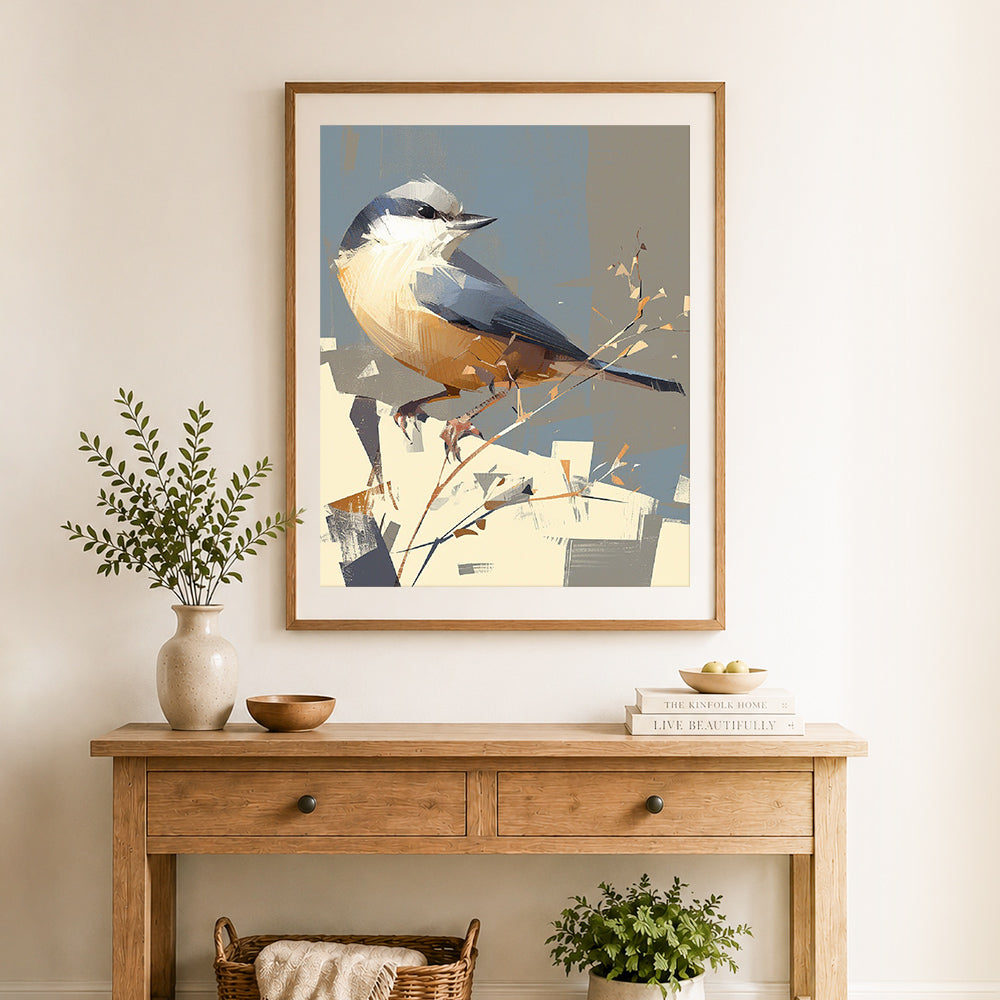 Finished abstract little bird cross stitch artwork displayed as home decor