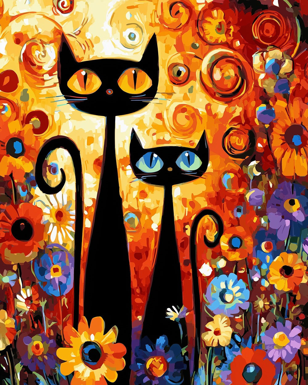 Abstract long cats in flowers cross stitch kit for beginners