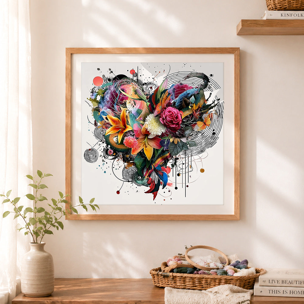 Finished abstract mixed floral collage cross stitch artwork displayed as home decor