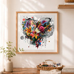 Finished abstract mixed floral collage cross stitch artwork displayed as home decor