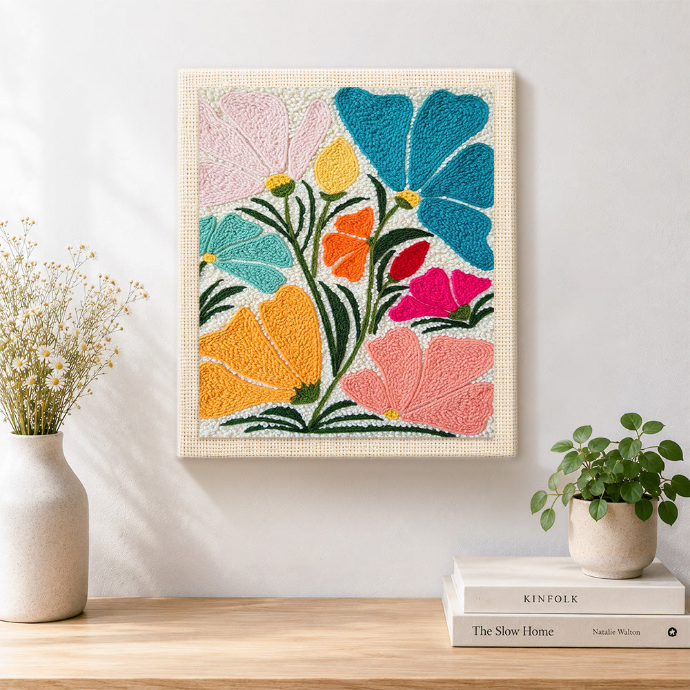 Finished abstract multicolor fan flowers artwork displayed on a wall