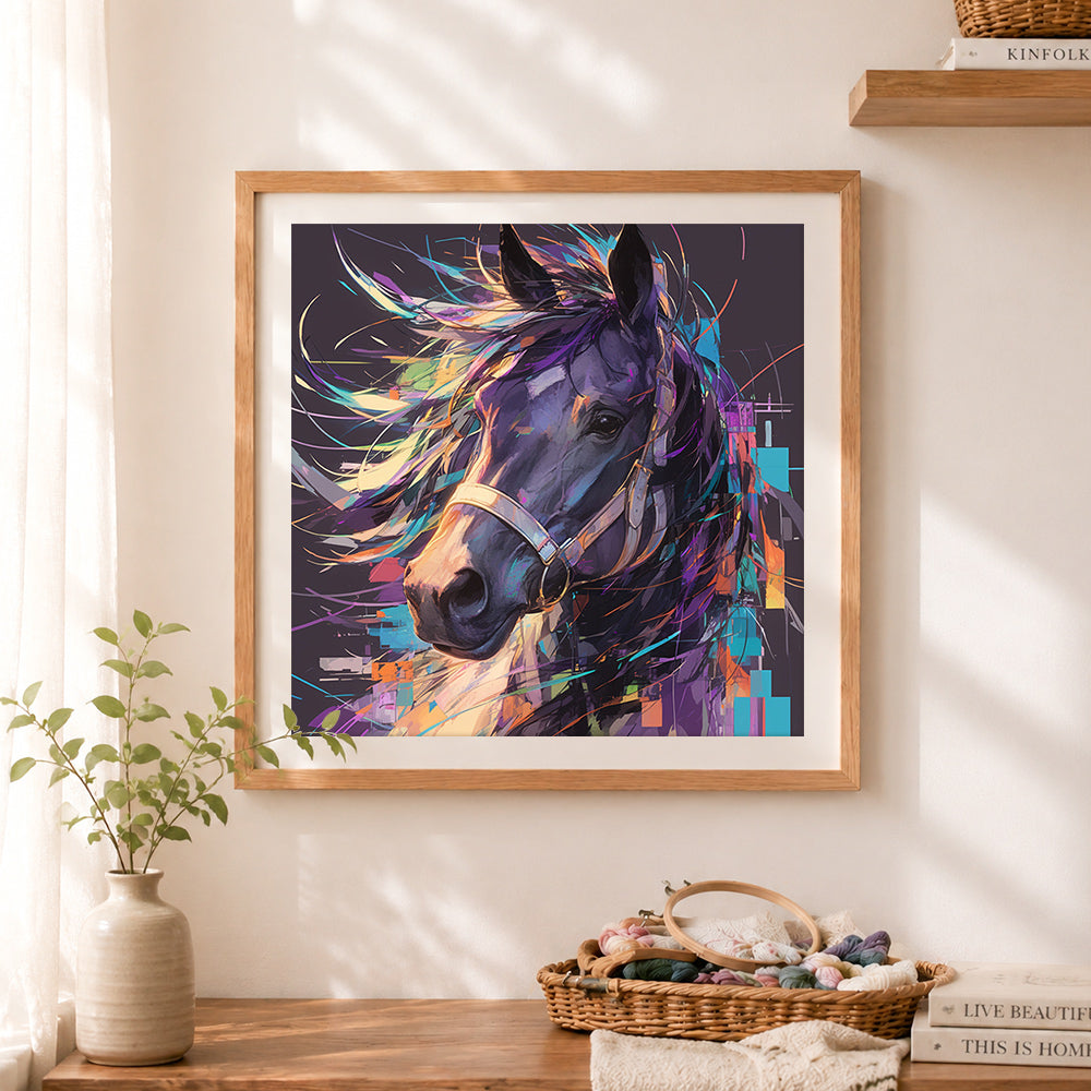 Finished abstract neon horse portrait cross stitch artwork displayed as home decor