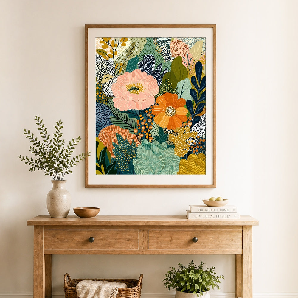 Finished abstract pink and orange flowers with dotted patterns cross stitch artwork displayed as home decor