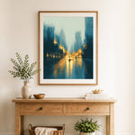 Finished abstract rainy city street cross stitch artwork displayed as home decor