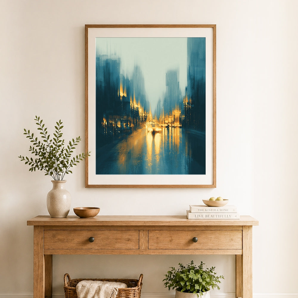 Finished abstract rainy city street cross stitch artwork displayed as home decor