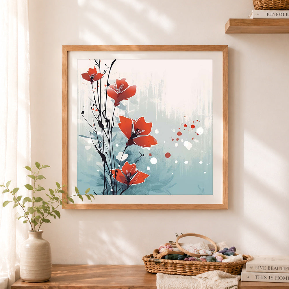 Finished abstract red floral art cross stitch artwork displayed as home decor