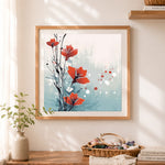 Finished abstract red floral art cross stitch artwork displayed as home decor