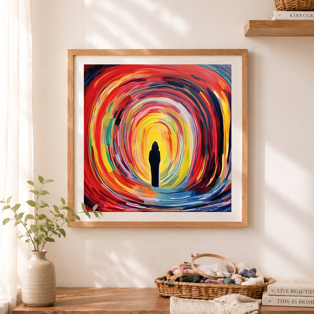 Finished abstract swirl portal figure cross stitch artwork displayed as home decor