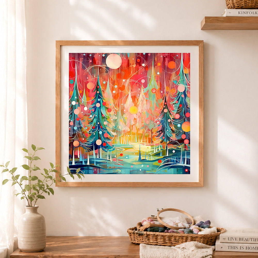 Finished abstract teal pine forest under the moon cross stitch artwork displayed as home decor