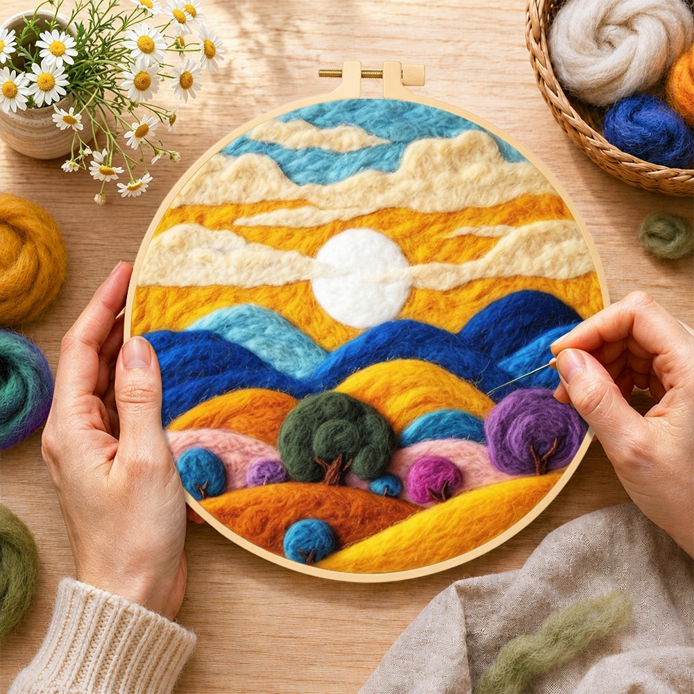 Creating the abstract wavy clouds and colorful hills wool painting by hand with a felting needle