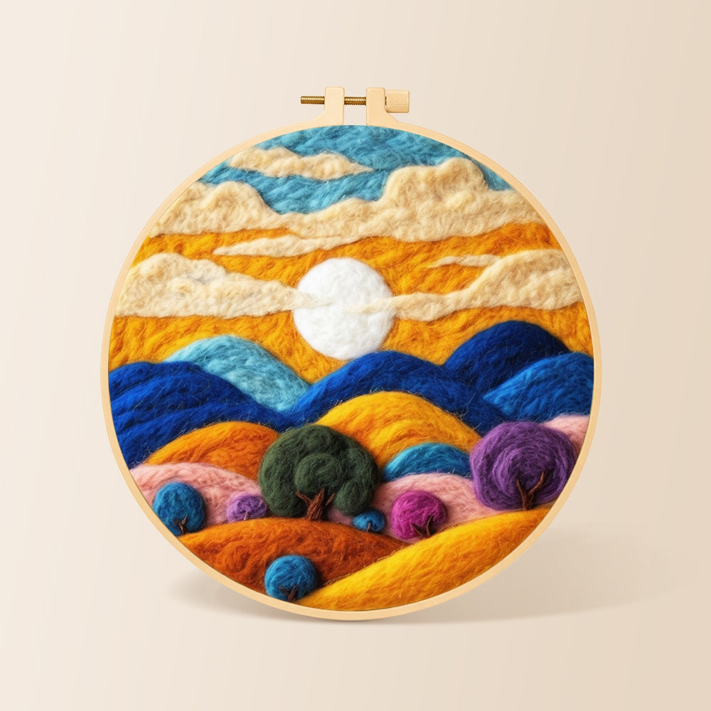 Abstract wavy clouds and colorful hills needle felting kit for beginners with a round wooden frame