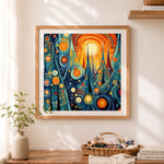 Finished abstract winter forest art cross stitch artwork displayed as home decor