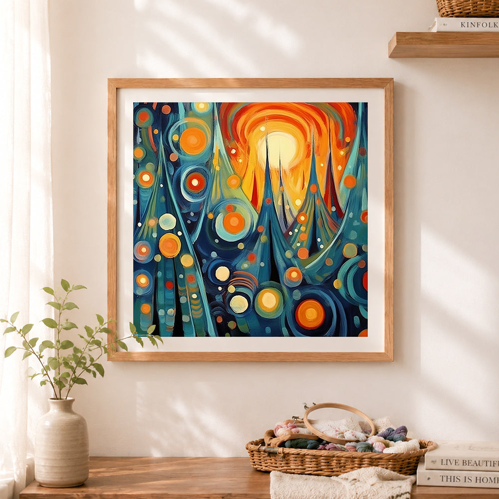 Finished abstract winter forest art cross stitch artwork displayed as home decor