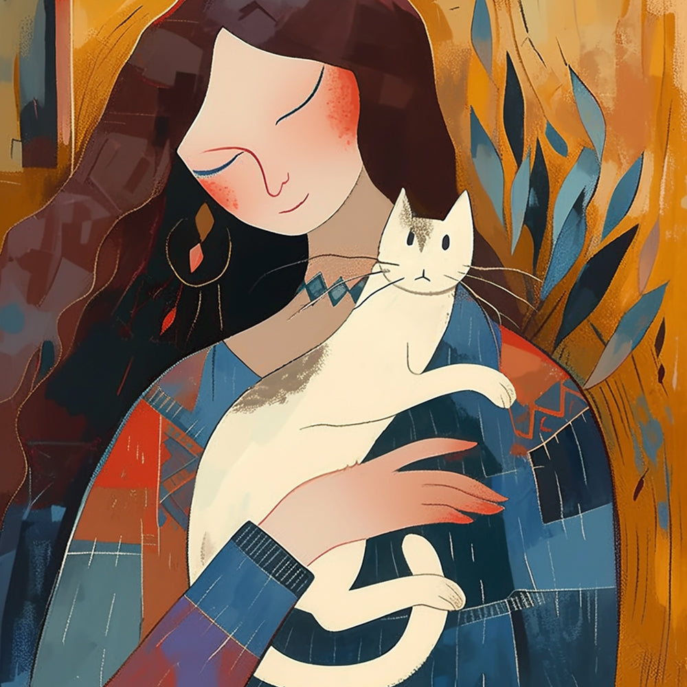 Abstract woman holding white cat cross stitch kit for beginners