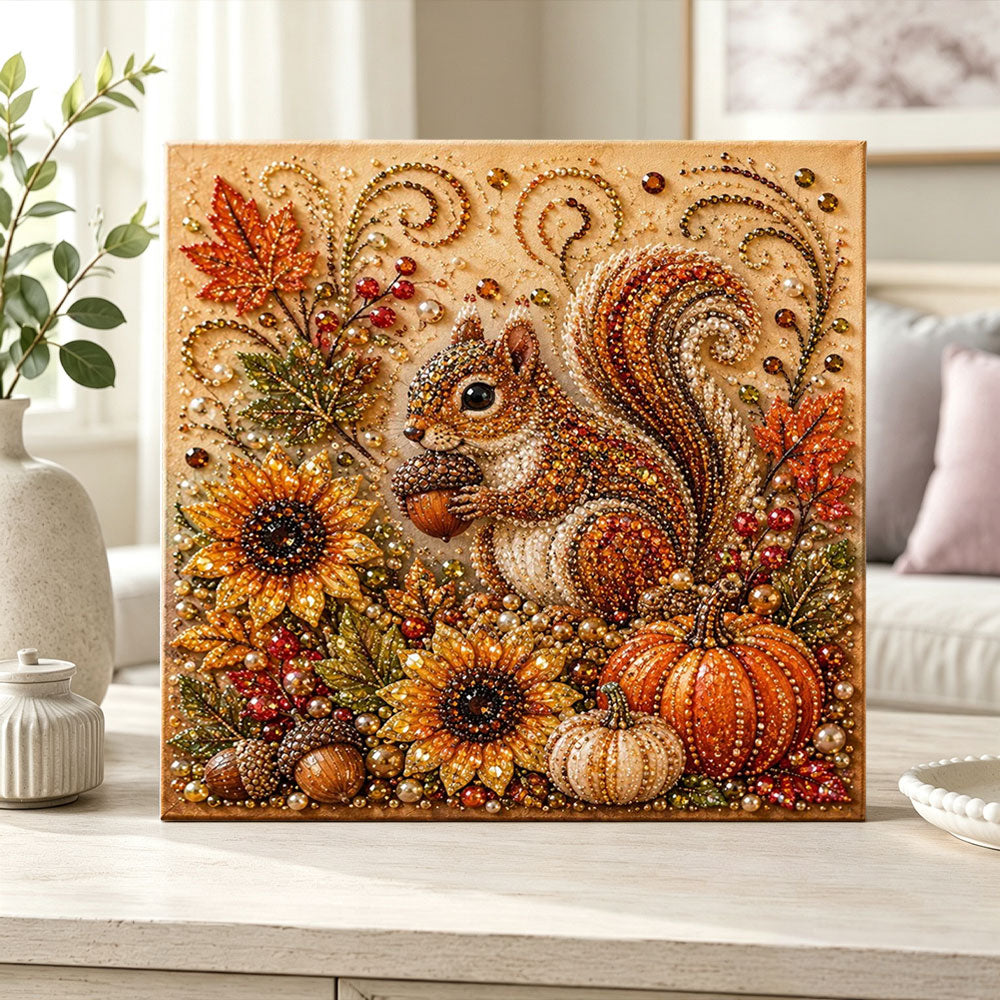 Finished acorn-loving squirrel pearl diamond painting artwork displayed as home decor