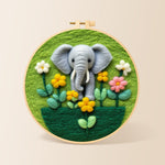 Adorable baby elephant with flowers needle felting kit for beginners with a round wooden frame