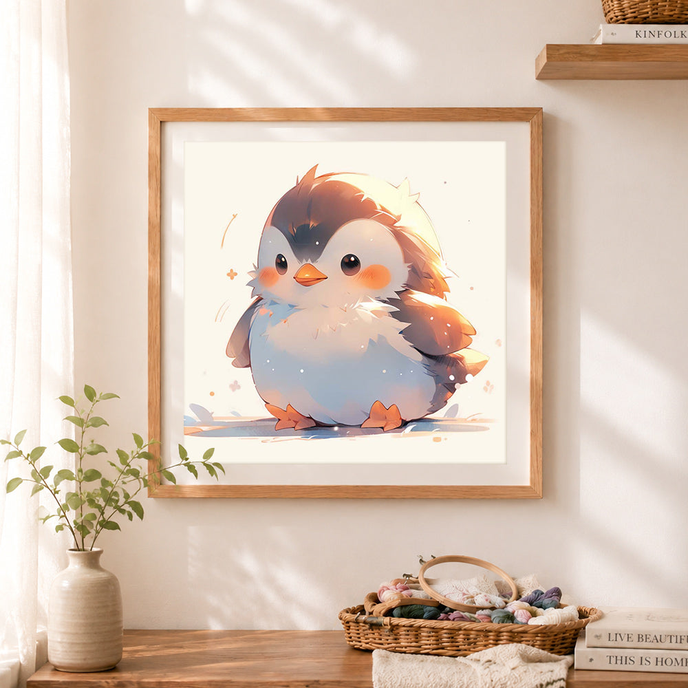 Finished adorable baby penguin cross stitch artwork displayed as home decor