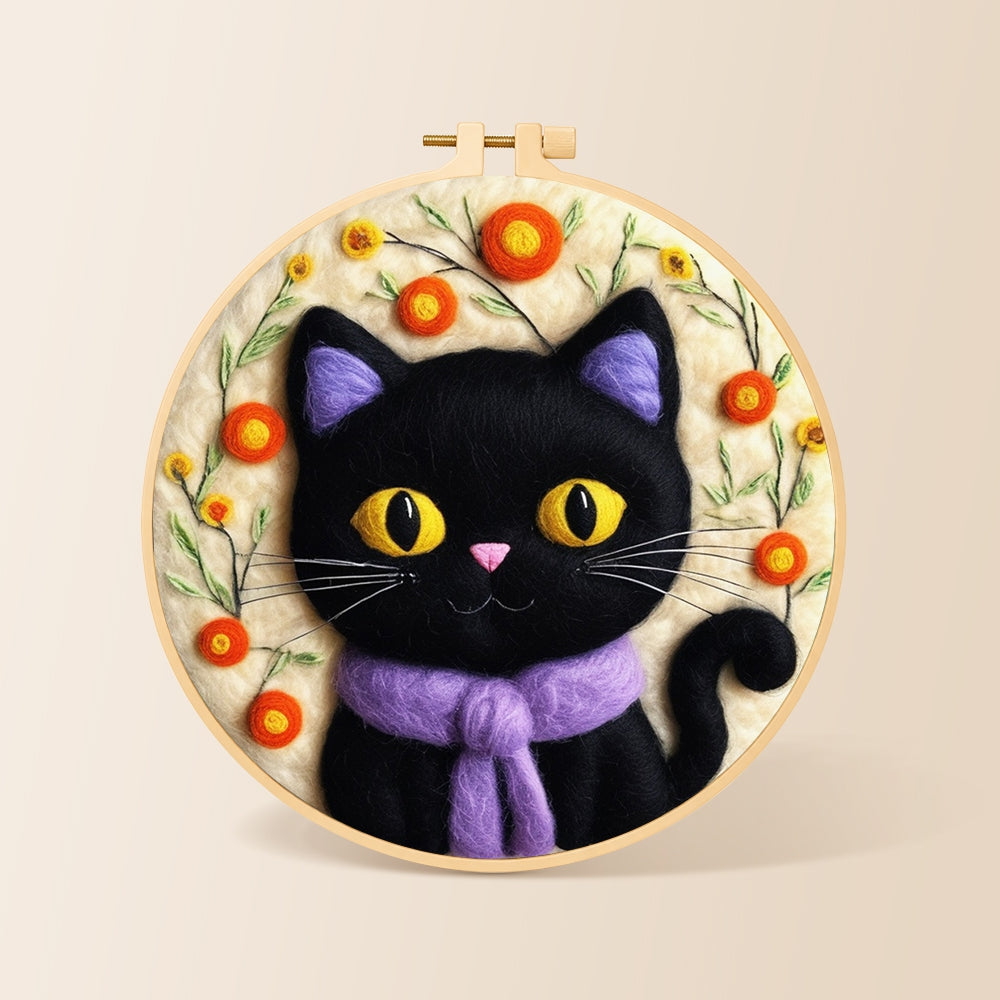 Adorable black cat with scarf needle felting kit for beginners with a round wooden frame