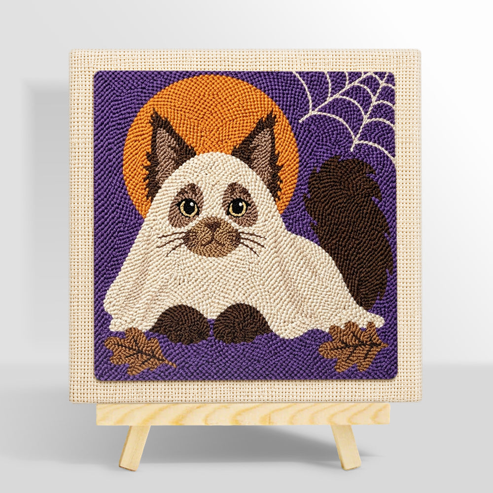 Adorable cat in ghost costume punch needle kit for beginners