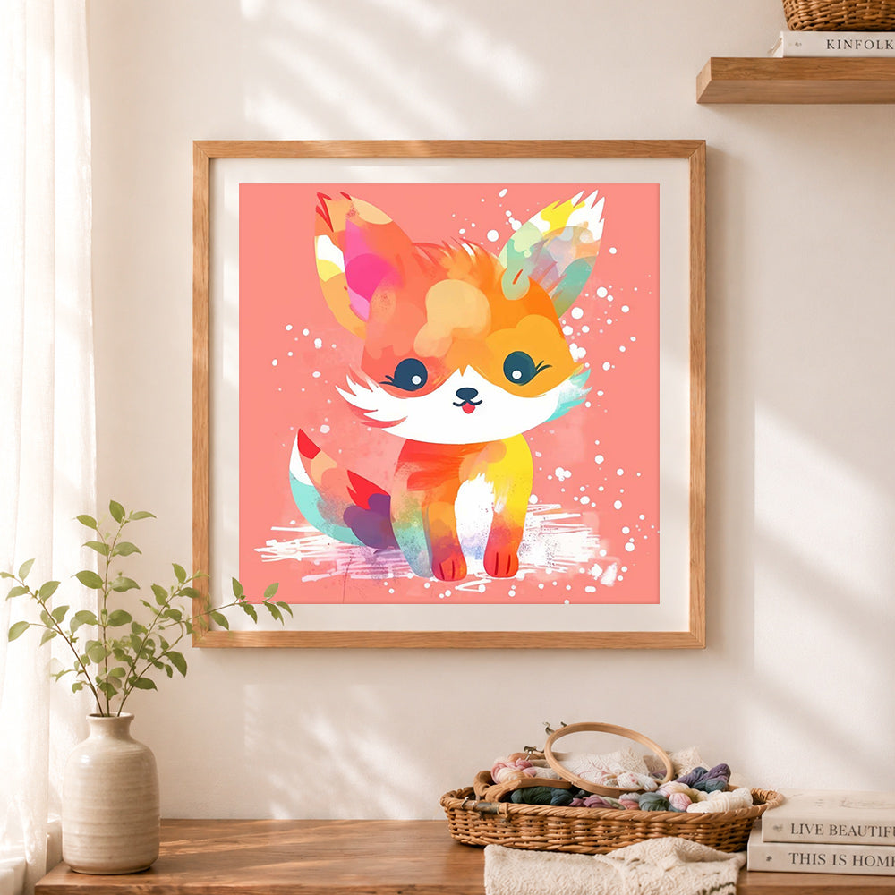 Finished adorable colorful fox cross stitch artwork displayed as home decor