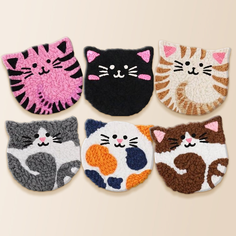 Adorable fluffy cats punch needle coaster kit finished handmade coasters