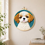 Adorable fluffy puppy needle felt wall art displayed in a bright home interior
