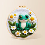Adorable frog with white daisies needle felting kit for beginners with a round wooden frame