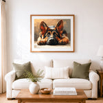 Finished adorable german shepherd puppy laying down cross stitch artwork displayed as home decor