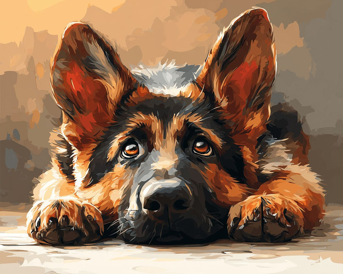 Adorable german shepherd puppy laying down cross stitch kit for beginners