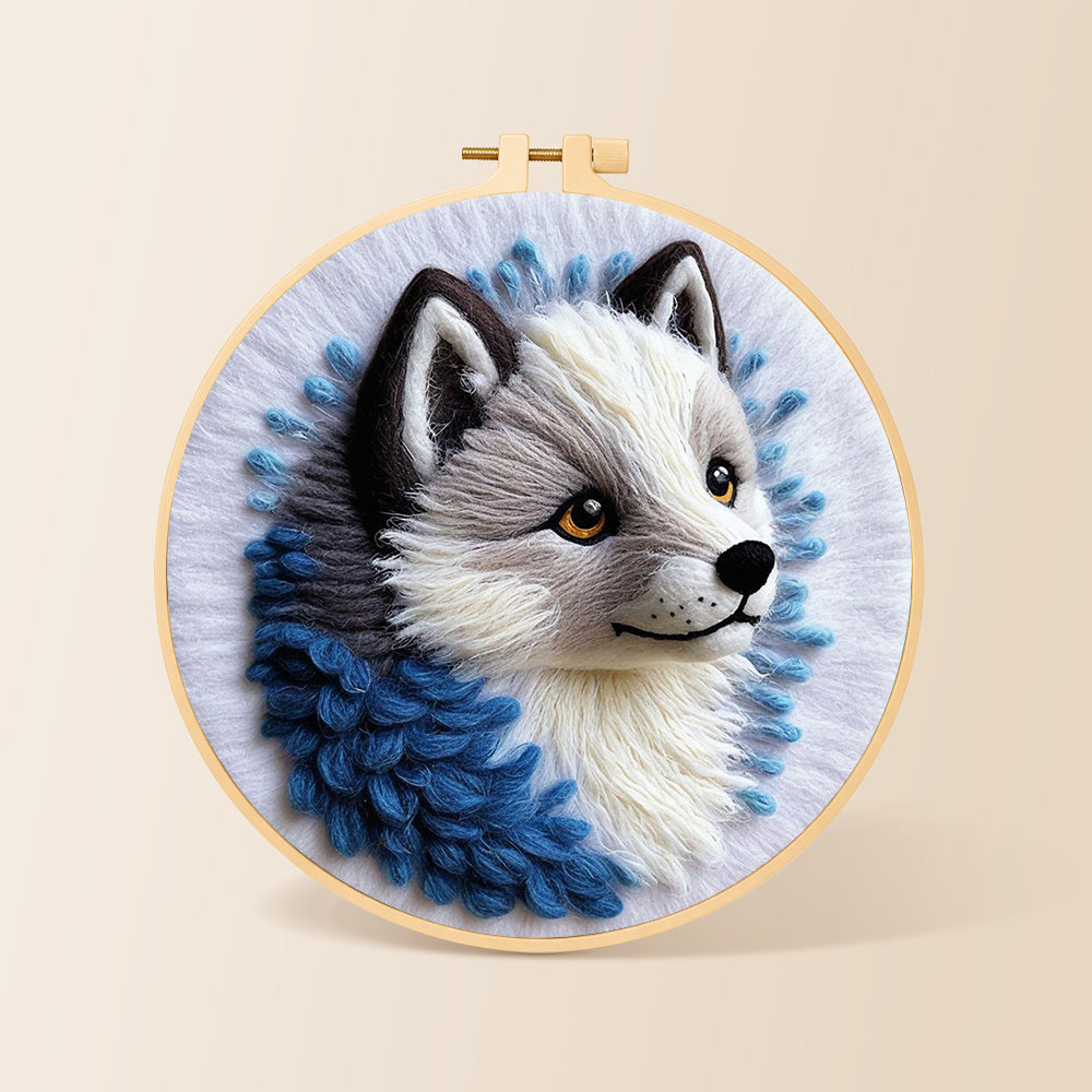 Adorable gray wolf needle felting kit for beginners with a round wooden frame