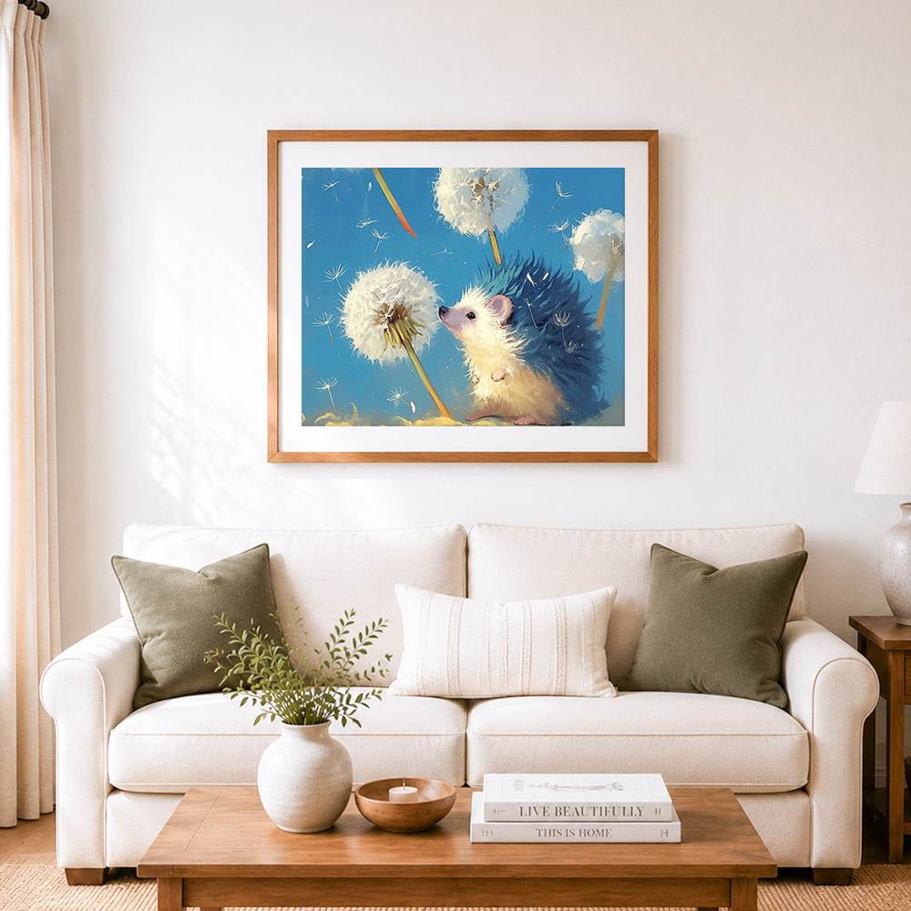 Finished adorable hedgehog with dandelion seeds cross stitch artwork displayed as home decor
