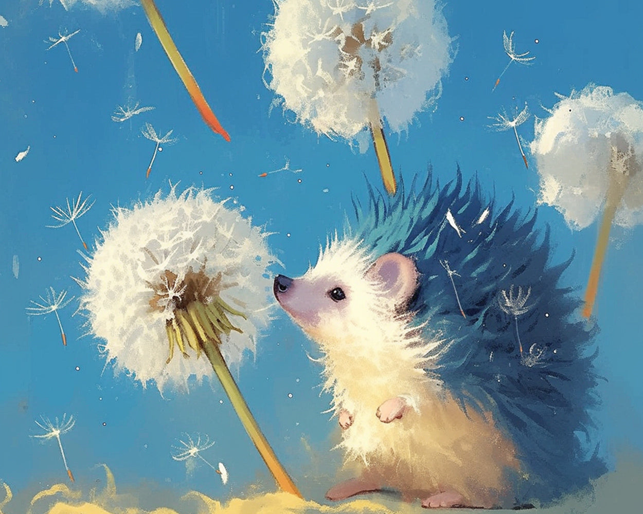 Adorable hedgehog with dandelion seeds cross stitch kit for beginners