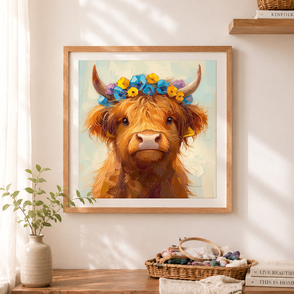 Finished adorable highland cow with flower crown cross stitch artwork displayed as home decor