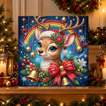 Finished adorable little christmas reindeer pearl diamond painting artwork displayed as holiday home decor